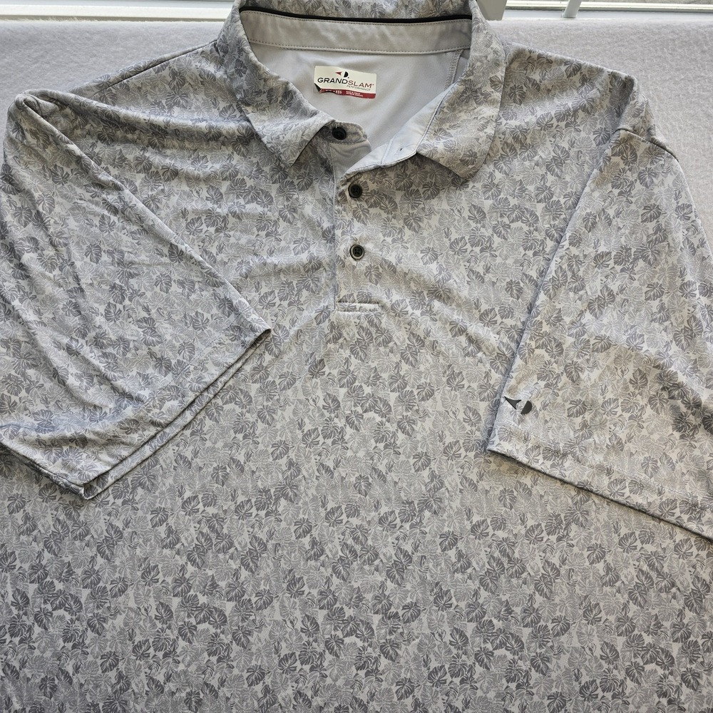 Grand Slam Performance Polo XXL Mens Grey Tropical Leaf Golf Shirt Coastal Gym
